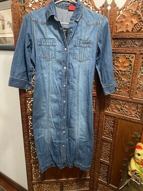 Button-Front Denim Shirt Dress - Blue
